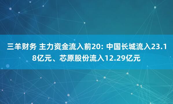 三羊财务 主力资金流入前20: 中国长城流入23.18亿元、芯原股份流入12.29亿元